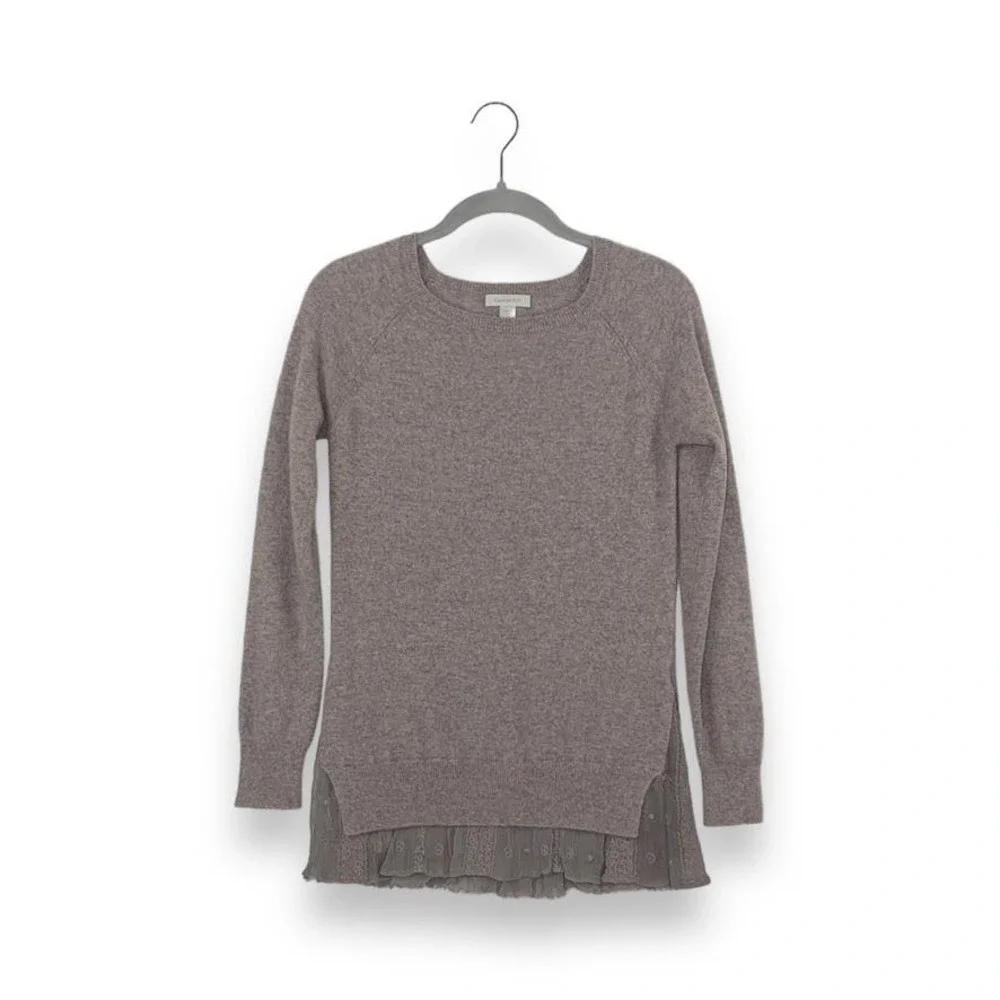Garnet Hill Gray Beige Greige Cashmere Lace Ruffle Hem Long Sleeve Sweater - Picture 1 of 8